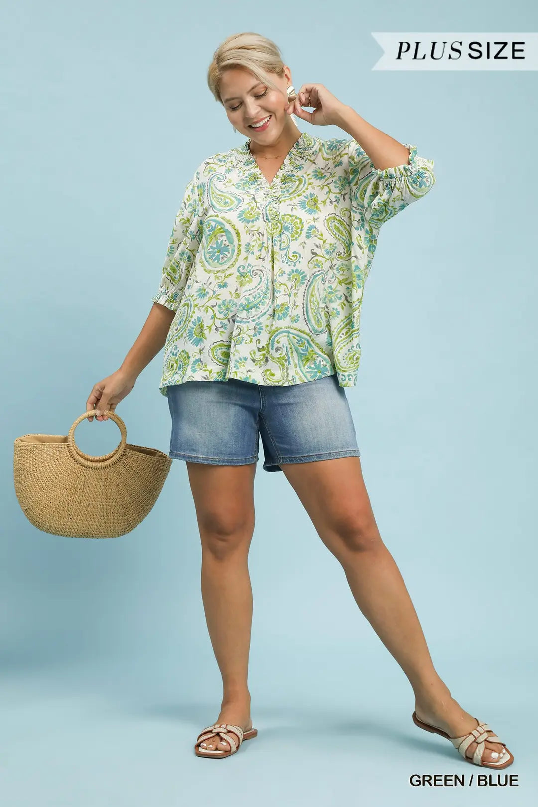 Umgee Smocked V-Neck Paisley Top-Green/Blue