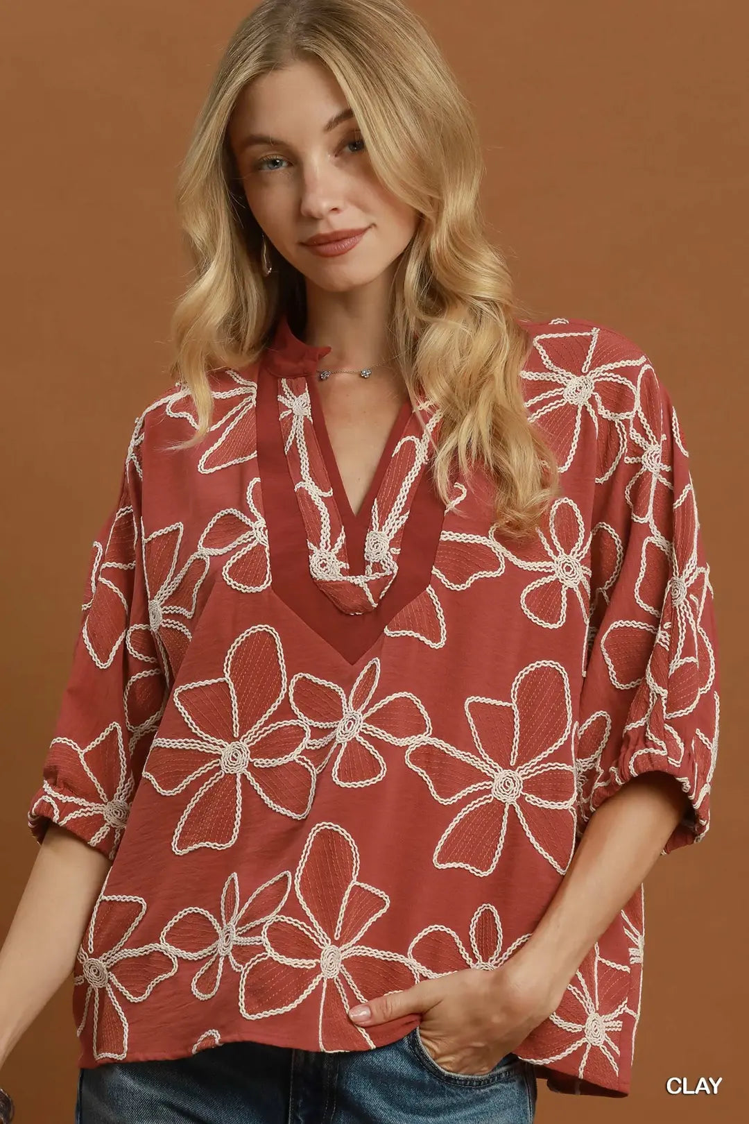 Umgee Floral Embroidered Split Neck Top