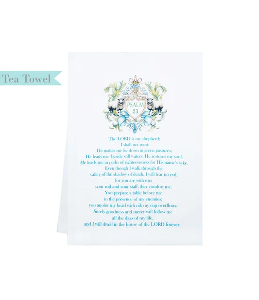 Standing On The Word Tea Towel Crest with sheep verse: Psalm 23 The Lord is my shepherd