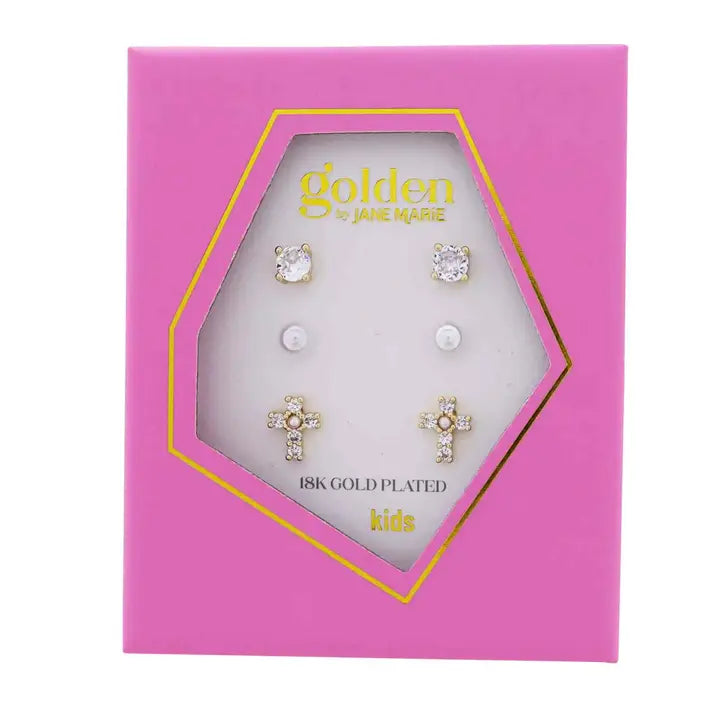 Jane Marie Kids Gold Set of 3, Clear Crystal Circle, Pearl, Clear Crystal Cross