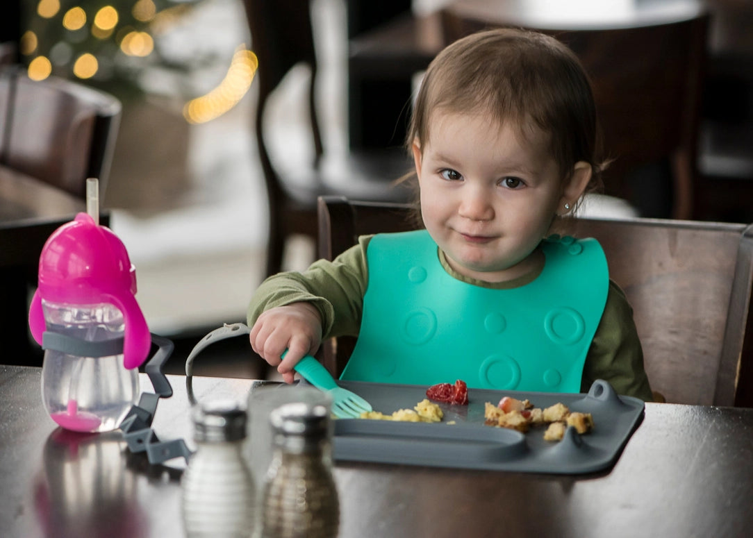 Busy Baby Stop-Drop Travel Bib+ Utensils-Spearmint