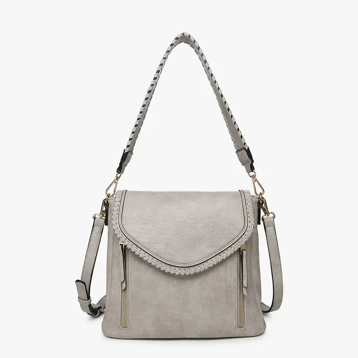 Jen & Co Lorelei Double Zip Crossbody – Whipstitch Trim-Lt Grey