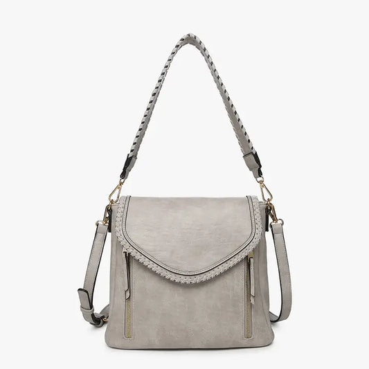 Jen & Co Lorelei Double Zip Crossbody – Whipstitch Trim-Lt Grey