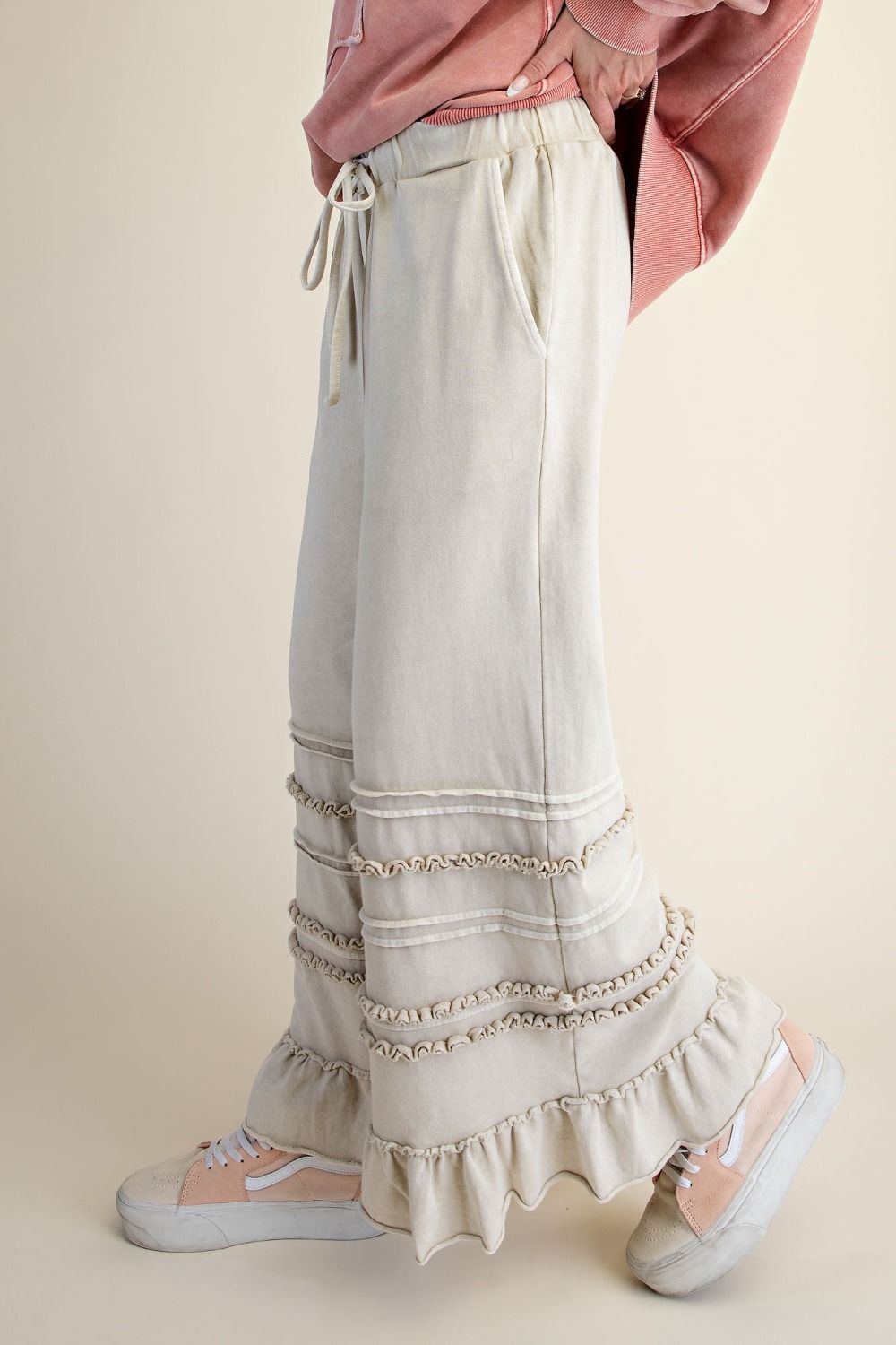EASEL WASHED TERRY TIERED RUFFLED WIDE LEG PANTS