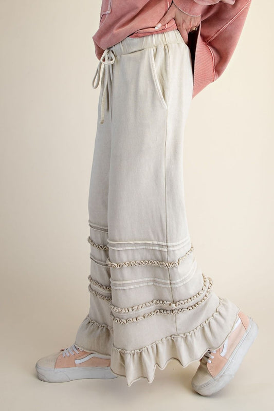 EASEL WASHED TERRY TIERED RUFFLED WIDE LEG PANTS