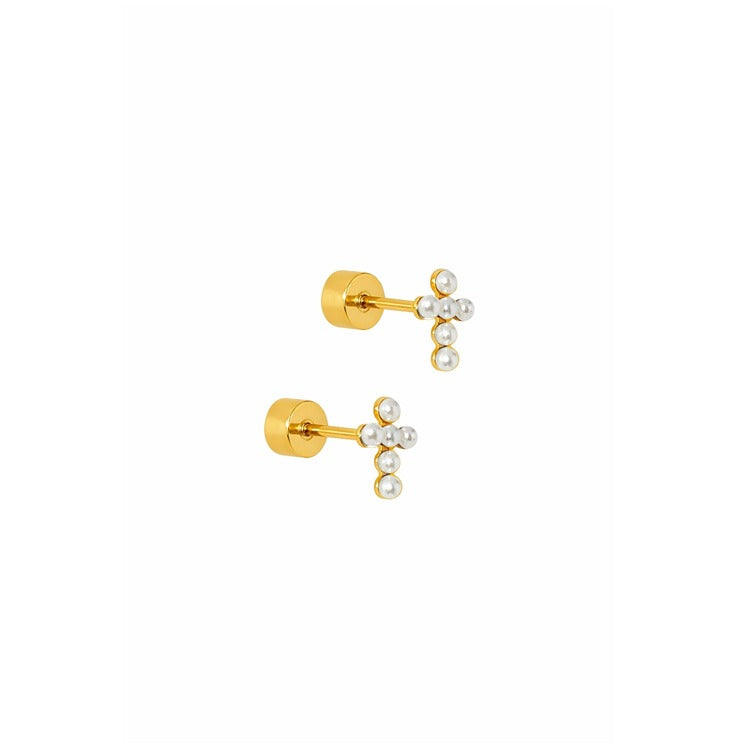 LINNY CO Screwback Stud Earrings - Clara Cross Pearl