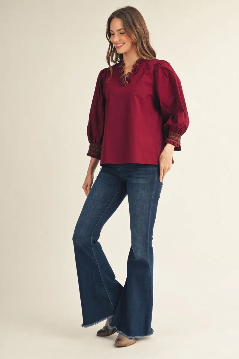 Jodifl 3/4 Puff Sleeves V Neck Solid Top