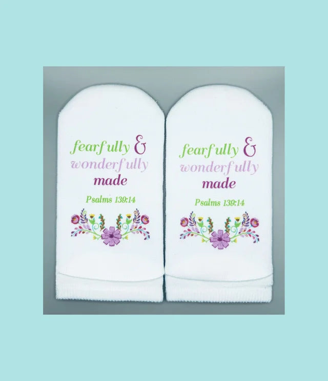 Standing on the Word Socks Flowers with verse: Psalms 139:14 Fearfully & wonderfully made