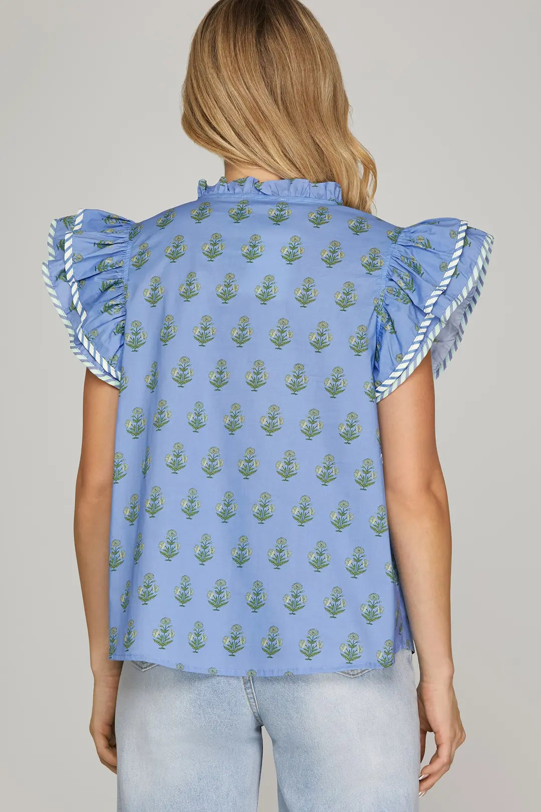 SHE + SKY RUFFLED SLEEVE WOVEN PRINTED TOP-PERIWINKLE