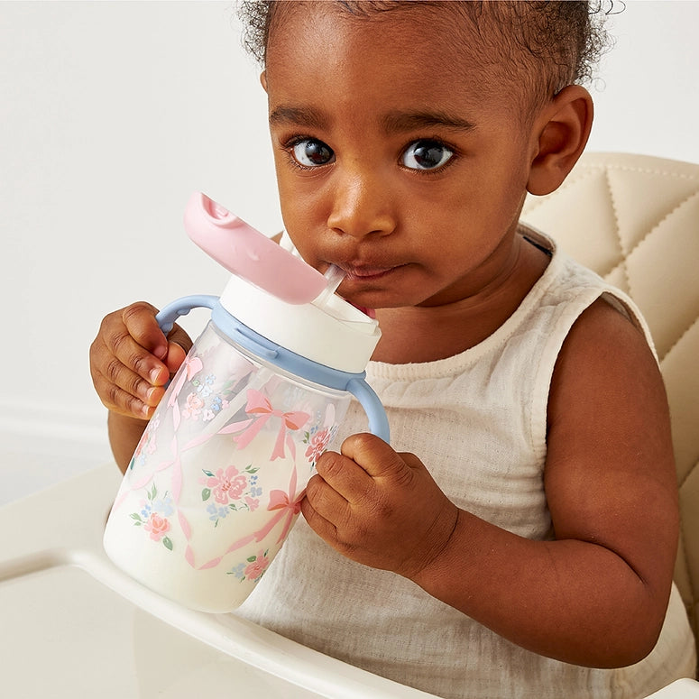 Itzy Ritzy Sips™ - Straw Cup with Snap-Close Lid-Ribbons & Roses