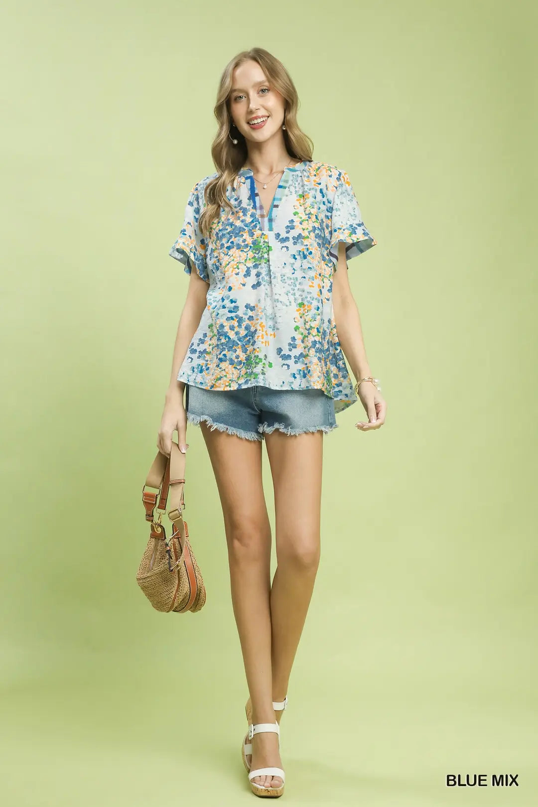 Umgee Mix Media Flutter Sleeve Blouse-Blue Mix