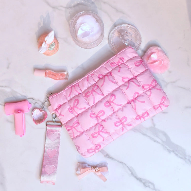 OMG Accessories Quilted Scrunchies Bow Print Wristlet with Heart Charm