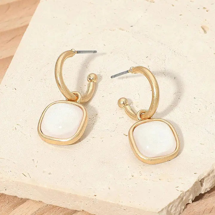 Square Stone Drop Hoop Earrings-White Worn Gold