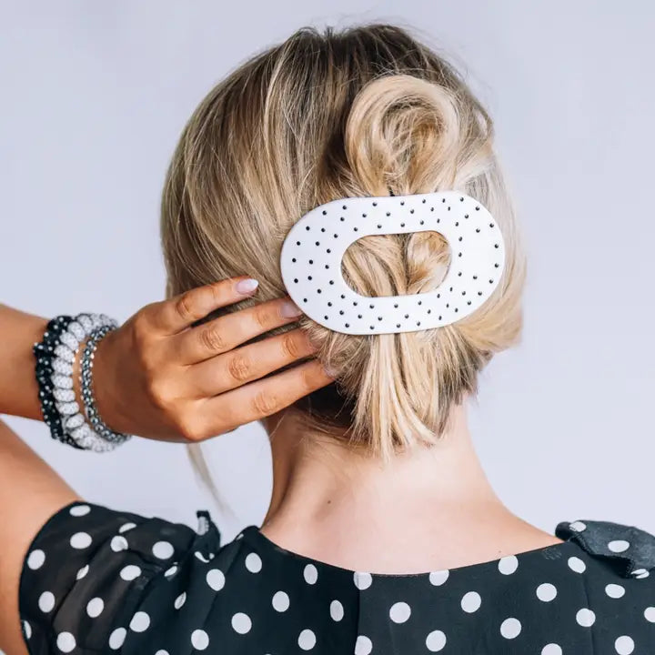 Teleties Flat Round | White Polka Dot Party | Large Hair Clip