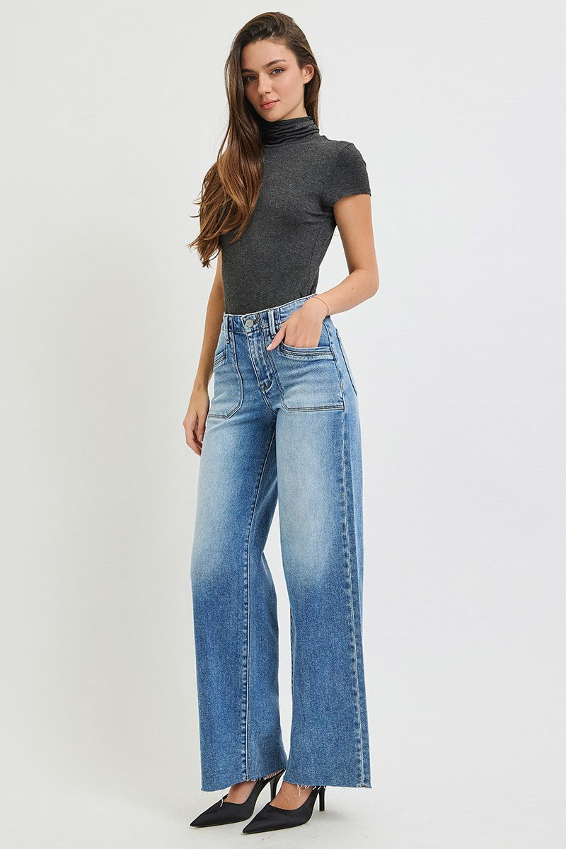 RISEN HIGH RISE WIDE LEG JEANS WITH FRONT PATCH POCKET DETAIL