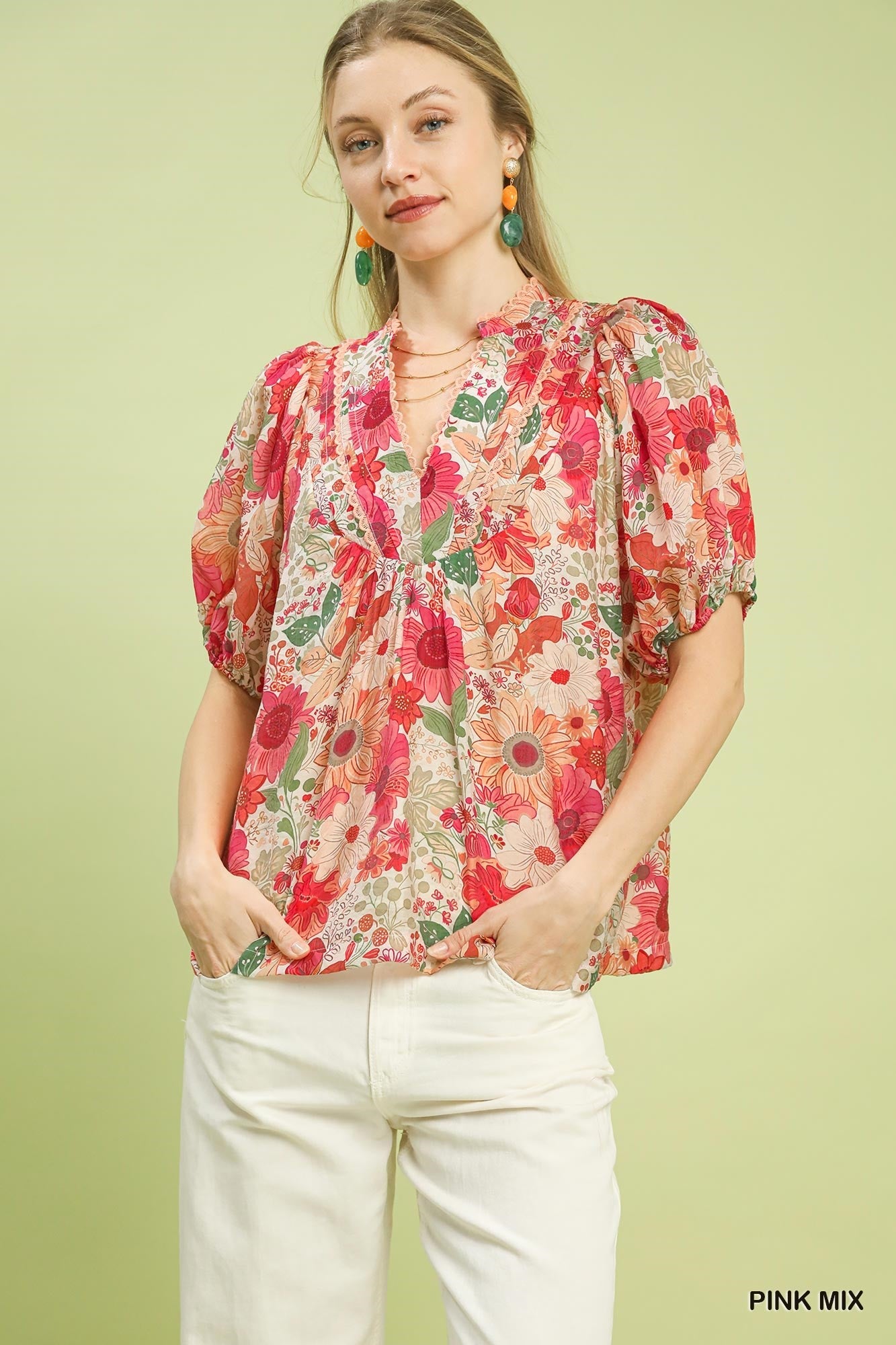 Umgee Mix Floral Puff Sleeve Split-neck Blouse-Pink Mix