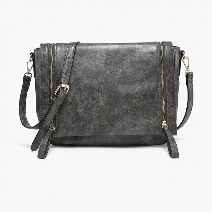 Jen & Co. Foster Distressed Dual Zip Crossbody-Charcoal