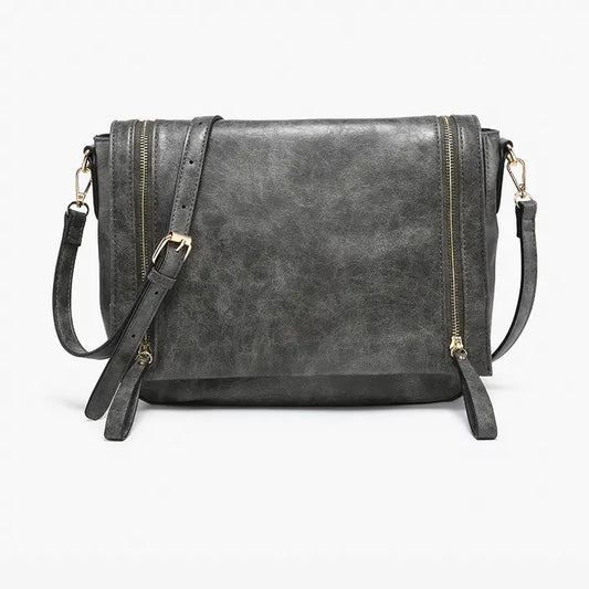 Jen & Co. Foster Distressed Dual Zip Crossbody-Charcoal