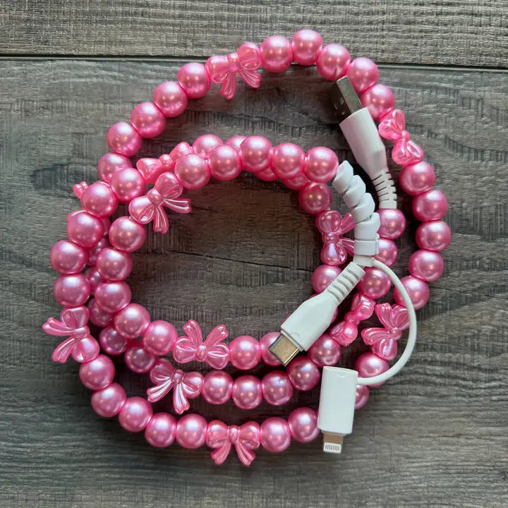 Bows Beaded Phone Charger with Lightning & Usb-C Cable-Pink