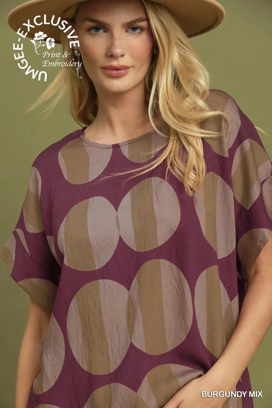 Umgee Oversized Geometric Circle Print Dolman Sleeve Top-Burgundy Mix