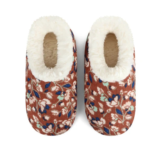 Snoozies! Womens Floral Corduroy Slipper With Memory Foam Sole Brown