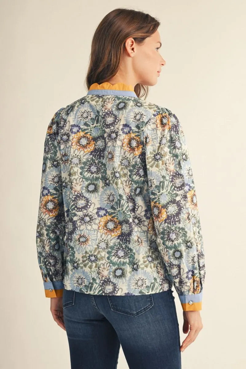 Entro Long Sleeves Notched V Neck Floral Top