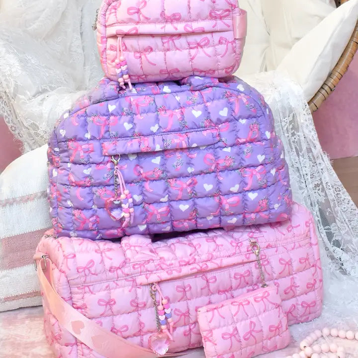 OMG Accessories Quilted Scrunchies Floral Bow Printed Medium Duffle Bag