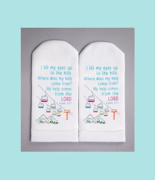 Standing on the Word Socks Lift with verse: Psalms 121:1 lift my eyes up
