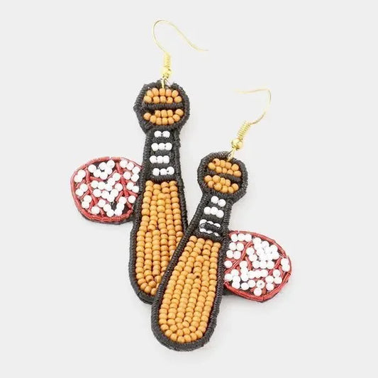 Baseball Bat Ball Seed Beaded Dangle Earrings