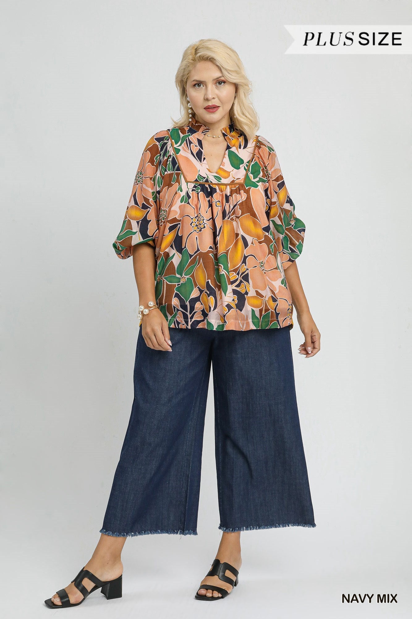 Umgee Multicolor Abstract Floral Print Blouse with Ruffle Neck