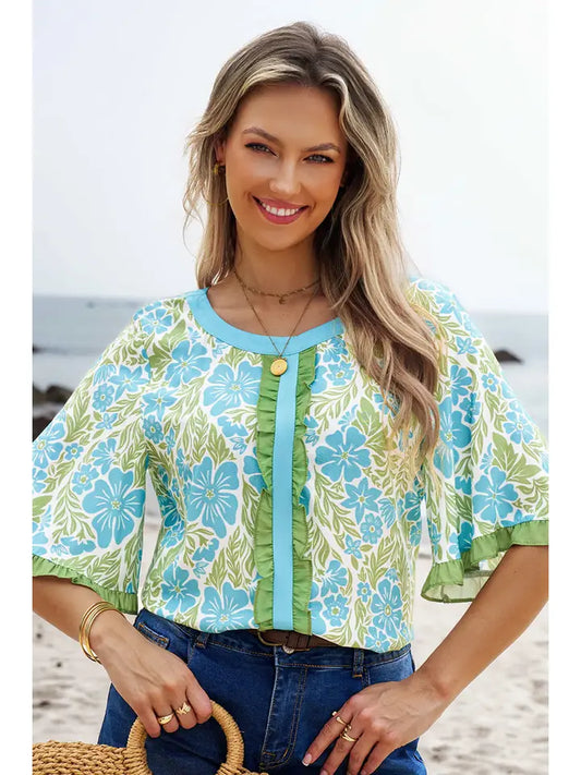 Floral Printed Lace Decorative Shorts Sleeve Top