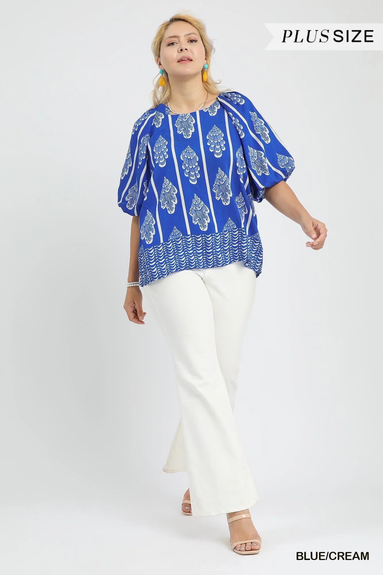 Umgee Blue/White Boho Bloom Puff Sleeve Top