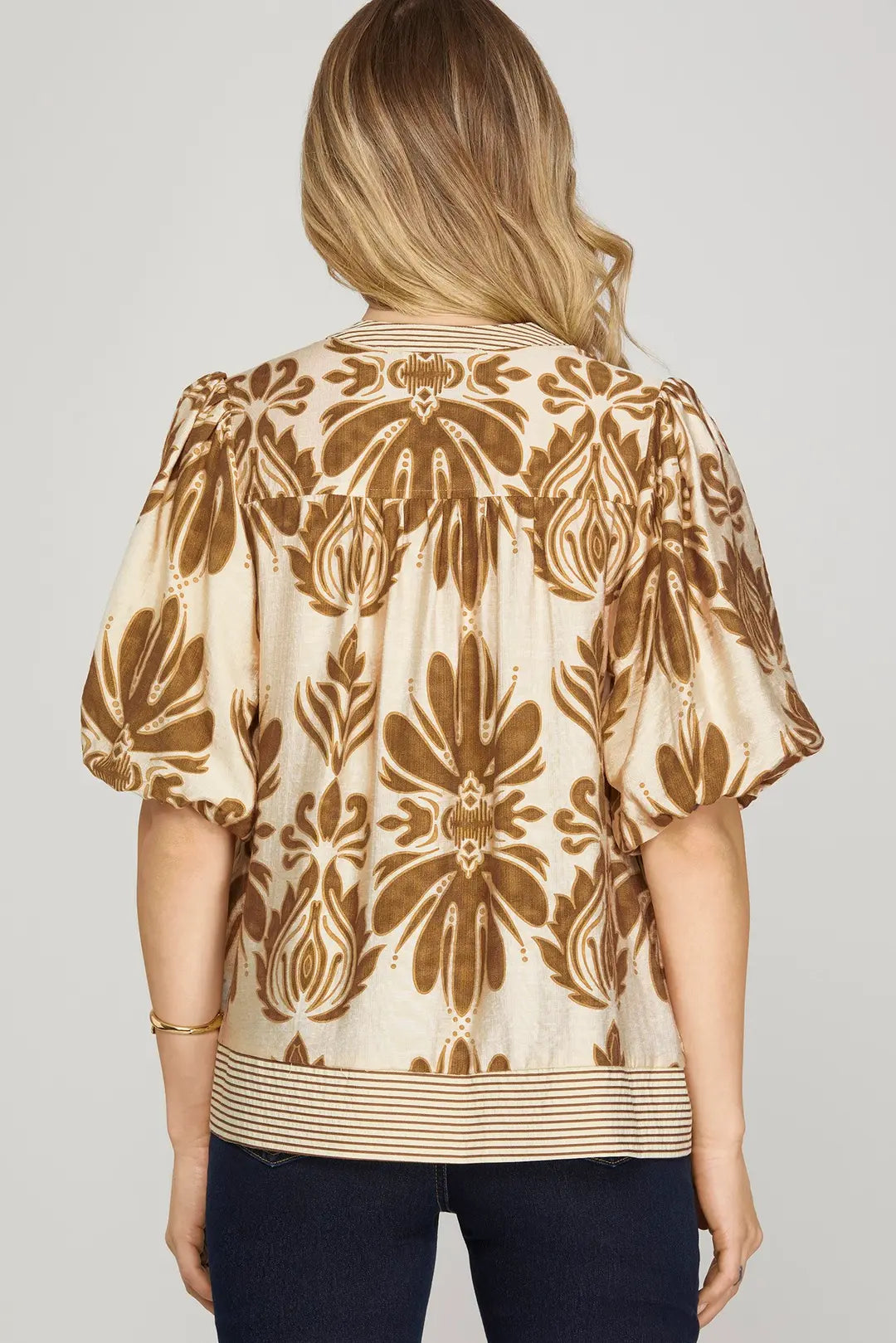 She + Sky Bubble Sleeve Printed Woven Top-Camel