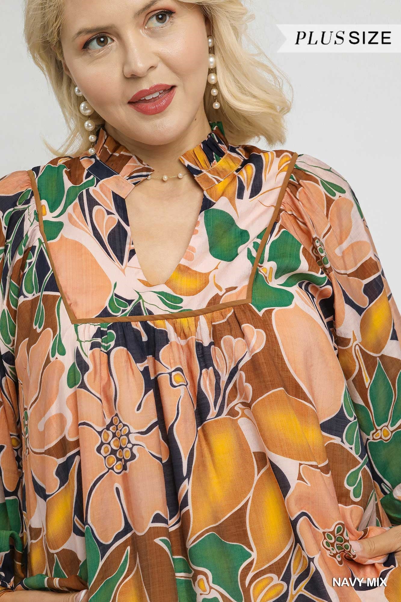 Umgee Multicolor Abstract Floral Print Blouse with Ruffle Neck