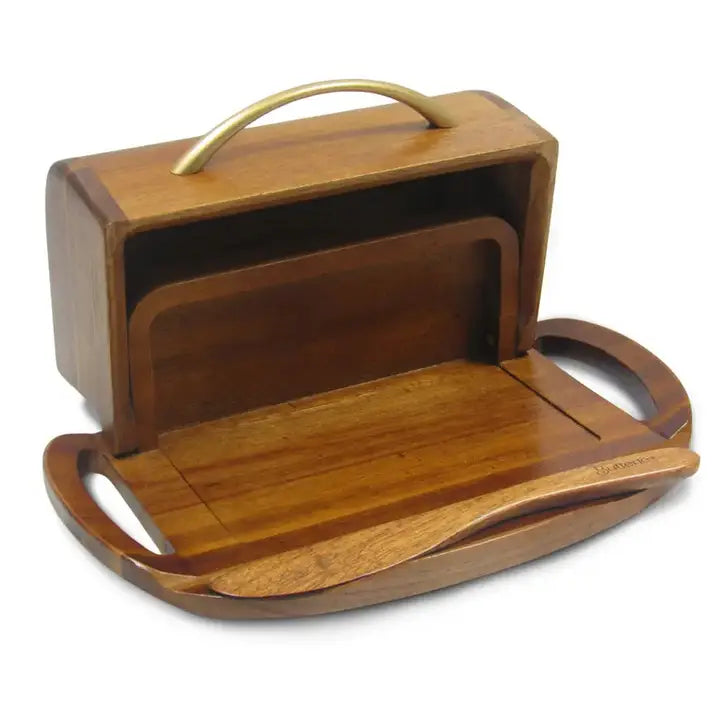 Butterie Acacia Wood Flip-Top Butter Dish w/ Spreader - Brass Handle