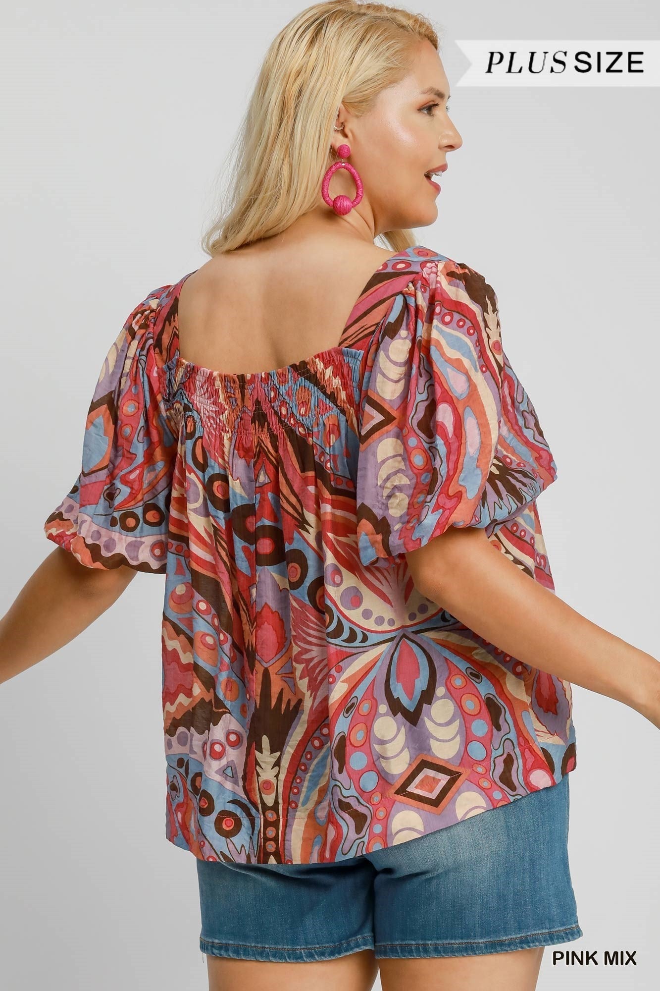 Umgee Plus Size Smock Square Neck Short Sleeve Print Top