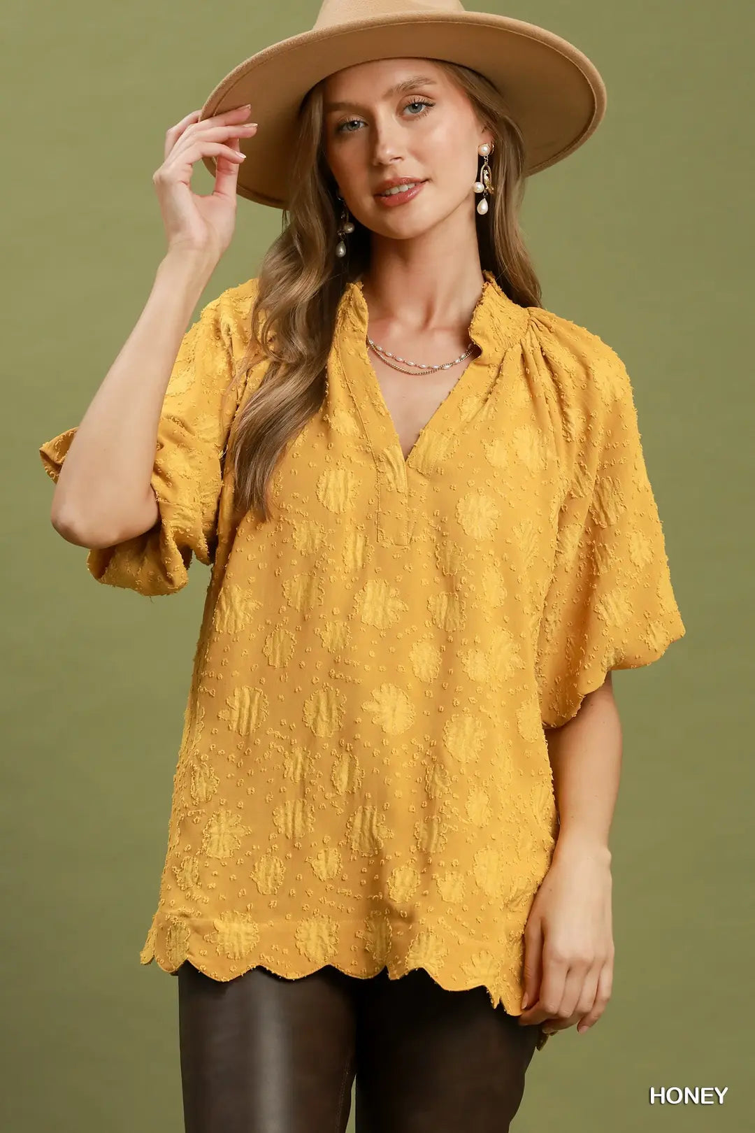 Umgee Floral Textured Short Sleeve V-Neck Blouse-Honey