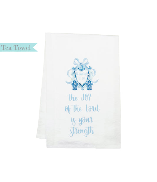 Standing on the Word Tea Towel Ginger Jar Crest with verse: Nehemiah 8:10 JOY of the Lord