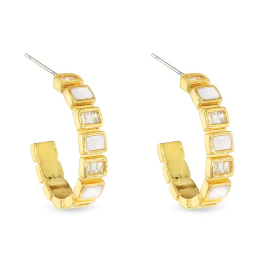 Amanda Blu Gold Cz & Mop Bezel Set Hoop Earrings