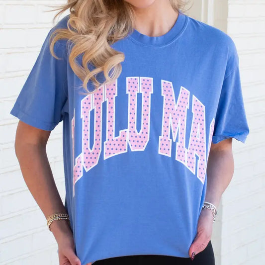 LULU MAC- Polka Dot Adult Flo Blue Comfort Colors Tee