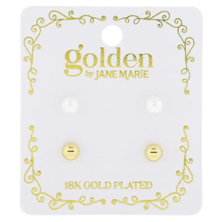 Jane Marie Kids 18K Gold Plated 2 Stud Set, Pearl, Gold Ball Earrings