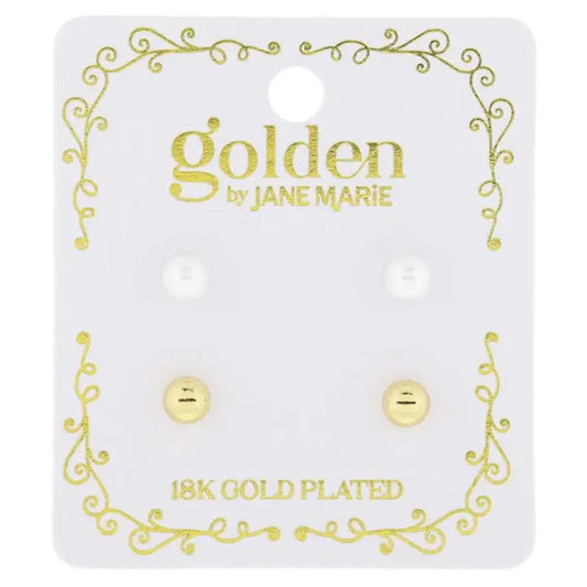 Jane Marie Kids 18K Gold Plated 2 Stud Set, Pearl, Gold Ball Earrings