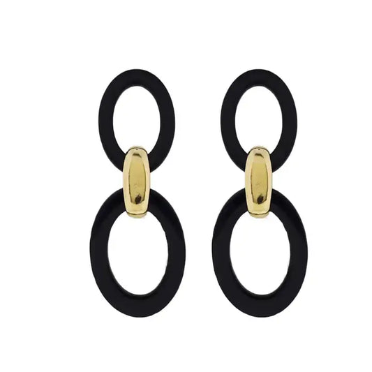 Jane Marie 18k Gold Plated Black Oval, Gold Link, Black Oval Earring