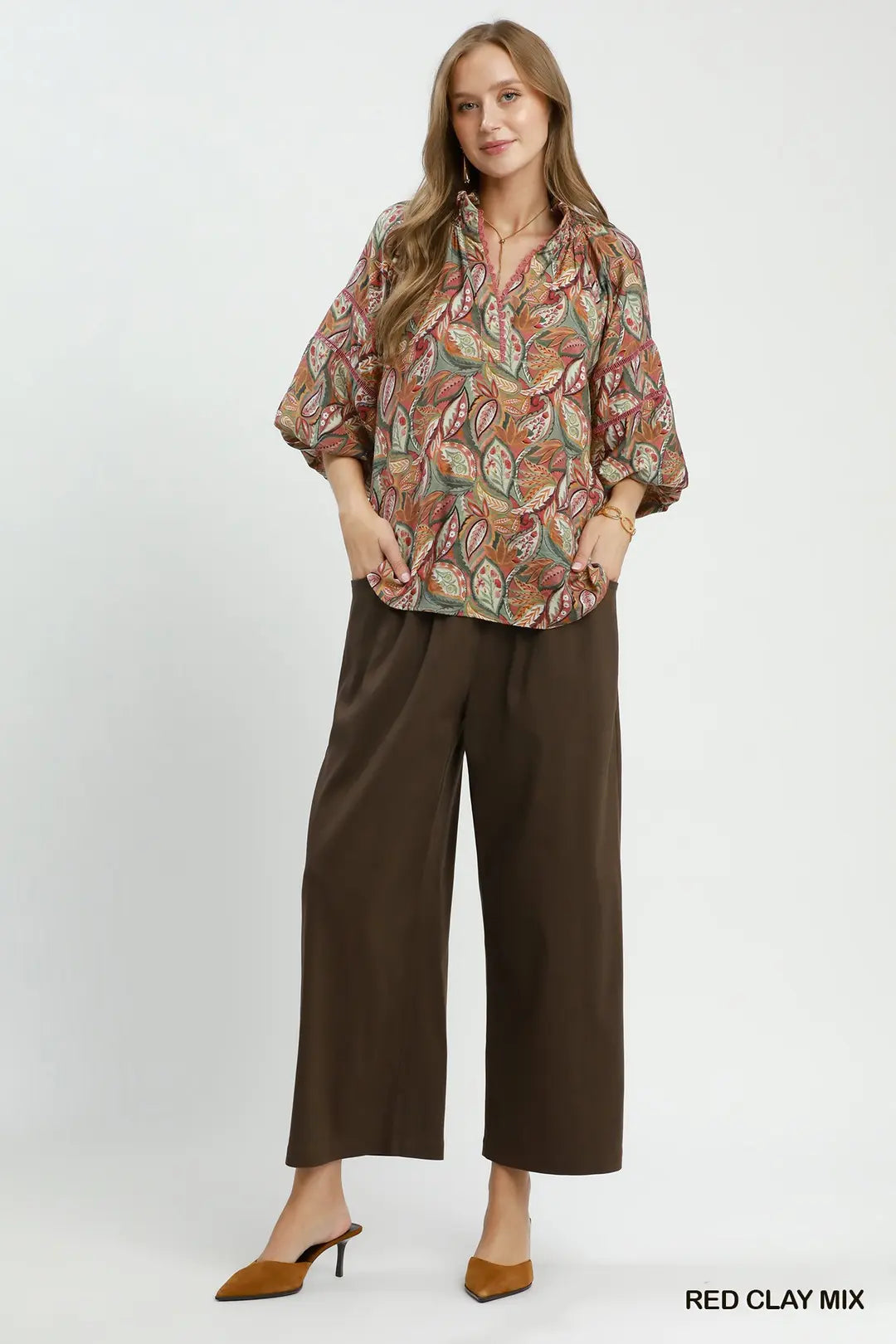 Umgee Mix Botanical Print Puff Sleeve Blouse-Red Clay Mix