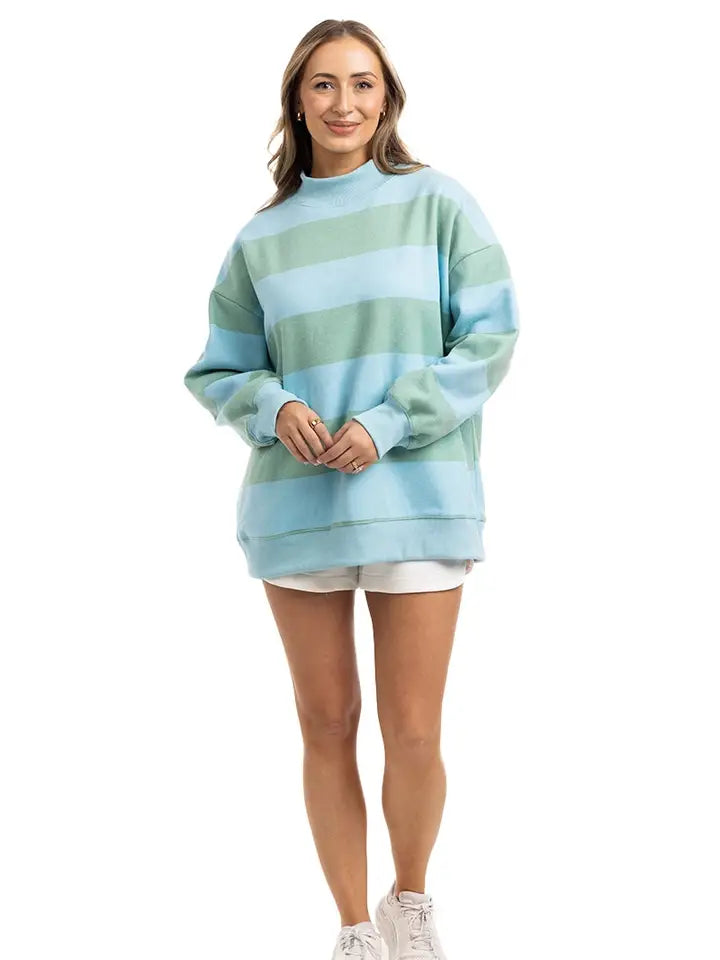 Katydid Aqua and Green Striped Mockneck Sweatshirt Women