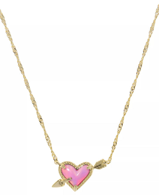 KENDRA SCOTT ARI HEART ARROW SHORT PENDANT NECKLACE GOLD PINK OPALESCENT RESIN