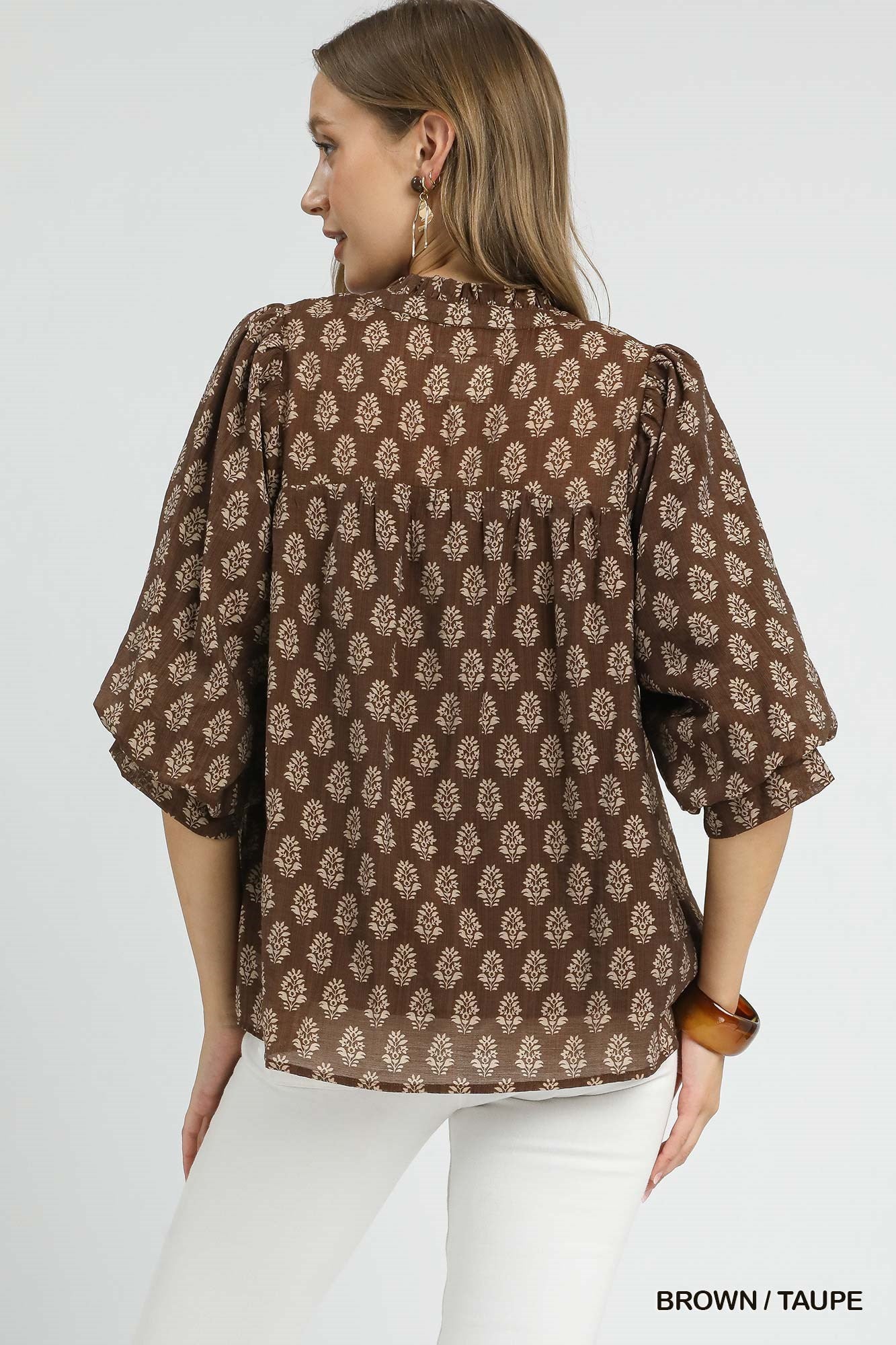 Umgee Floral Print V-Split Blouse