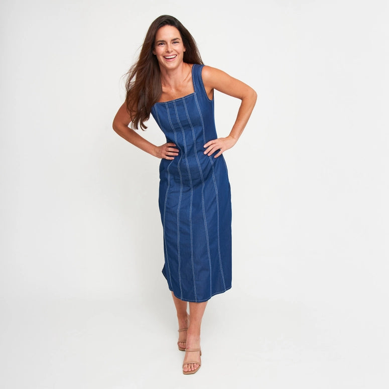 Elsie & Zoey Midi Dress Elle Sleeveless Stretch Denim Square Neck