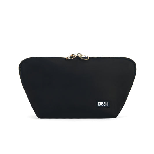 Kusshi Luxurious Black Leather with Leopard Interior Signature Makeup Bag