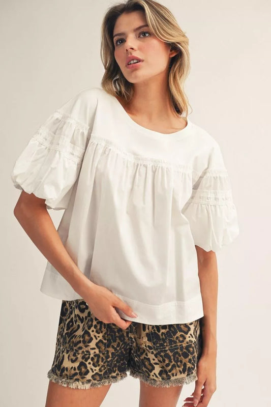 Jodifl Pleat Detail Puff Sleeves Solid Fabric Mix Top